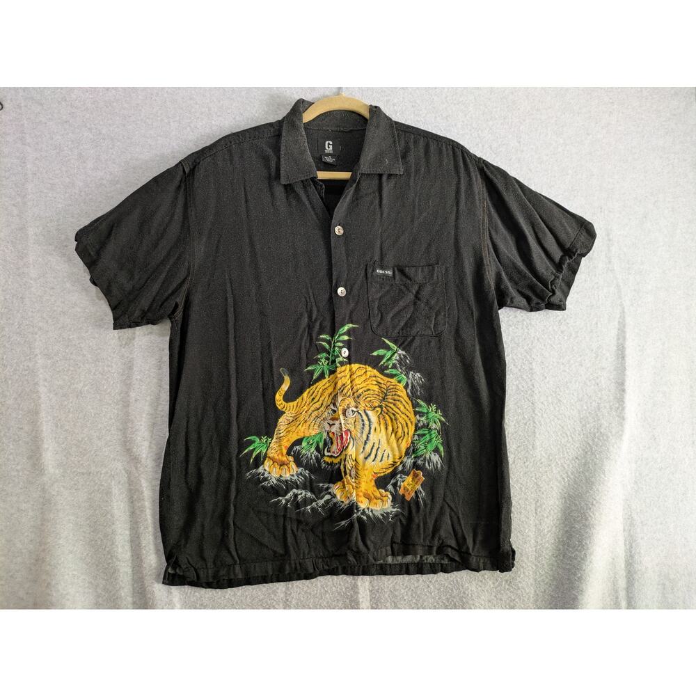 Guess Tiger Button Down Shirt Men's Medium Black Rayon‎ Hawaiian Graphic Shirt